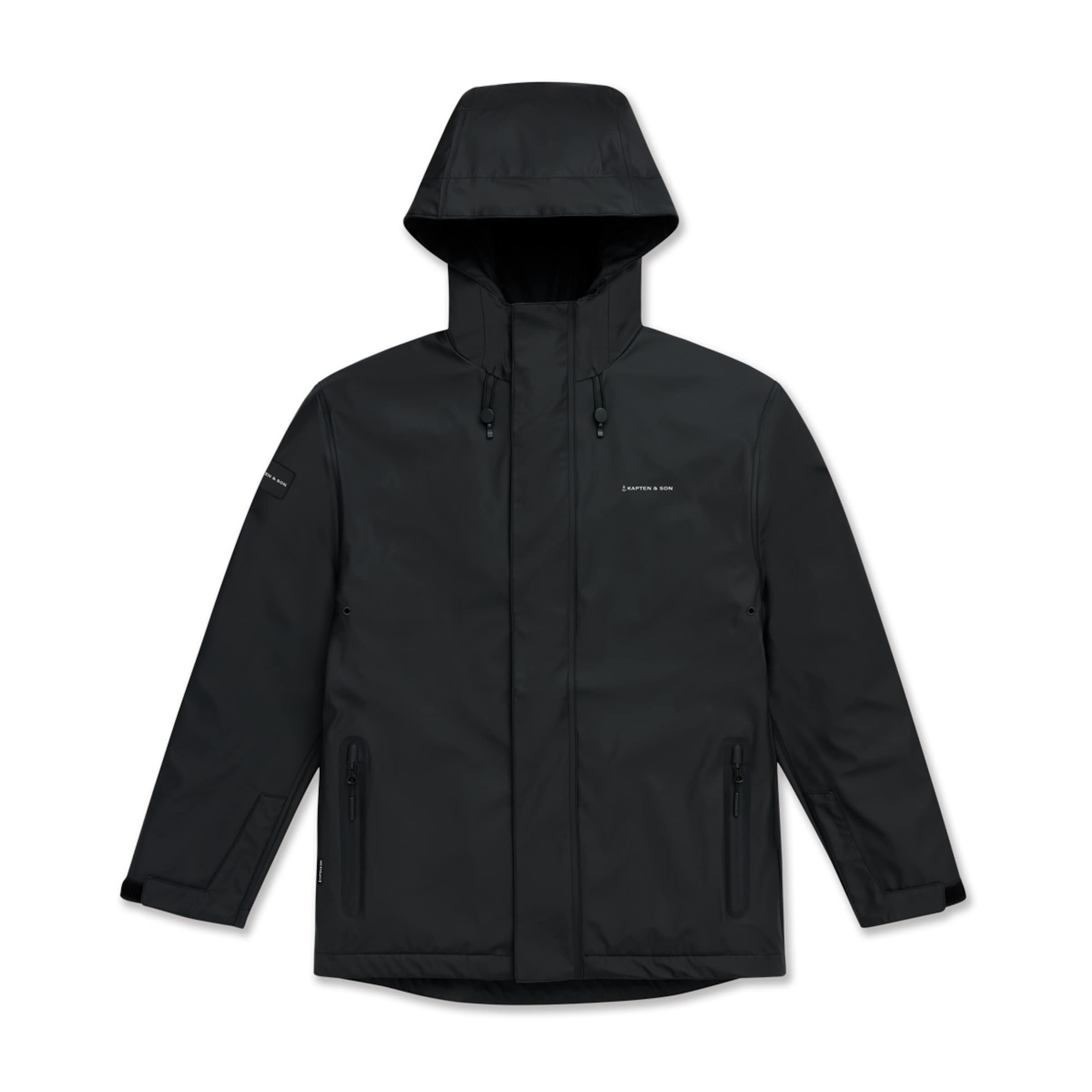 Black rain jacket with hood on sale